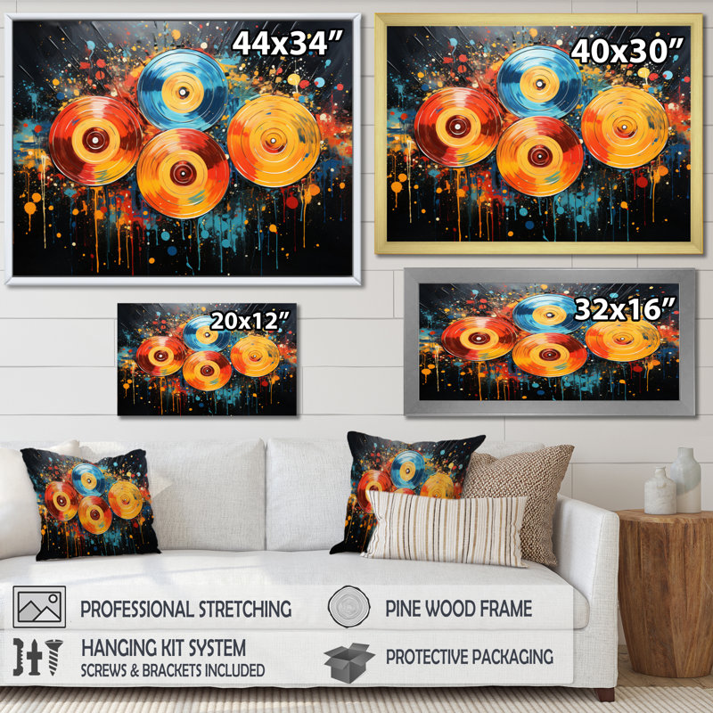 Disque vinyle, rainure rétro I sur toile, Cadre flottant noir, H 24 po x l 32 po x P 1 po