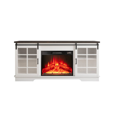 59" Modern Industrial Tv Stand With 23" Electric Fireplace,glass Door Cabinets For Living Room
