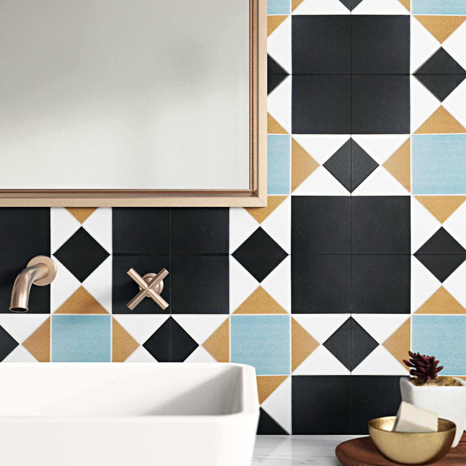 Vanity 13" x 13" Porcelain Patterned Wall & Floor Tile, Black/Blue/Beige