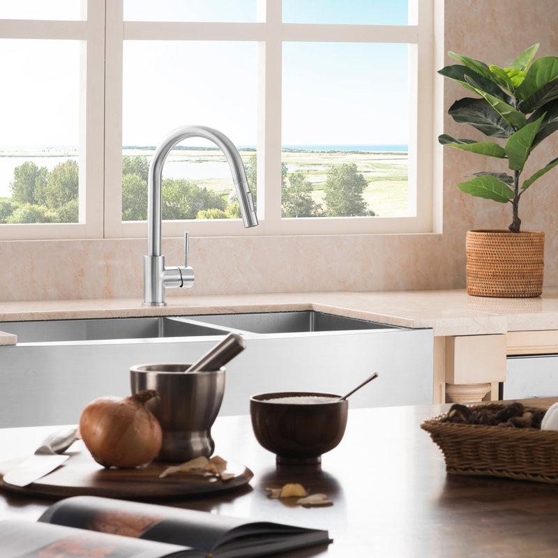 Robinet de cuisine à poignée simple Gemini avec douchette latérale et accessoires, Nickel brossé