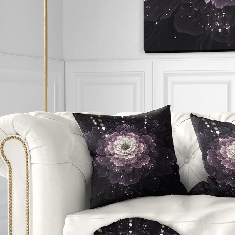 Fleur noire avec détails argentés - coussin à imprimé floral, 16 po x 1 po, Coussin décoratif