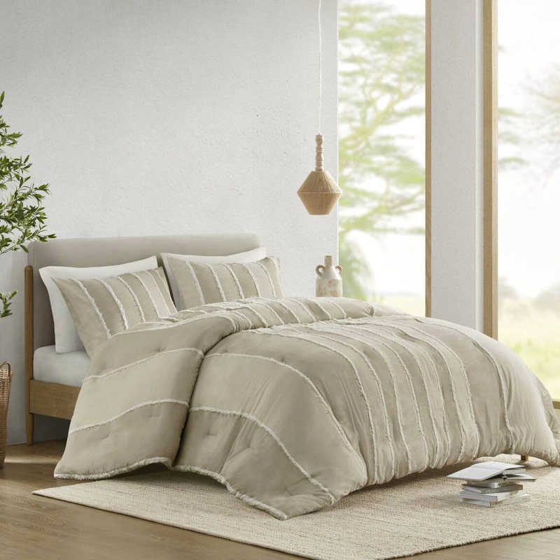 3 pièces de literie rayée taupe double / grand - tissu de coton, rembourré, rayé, garniture, visible maintenant, attrayant,