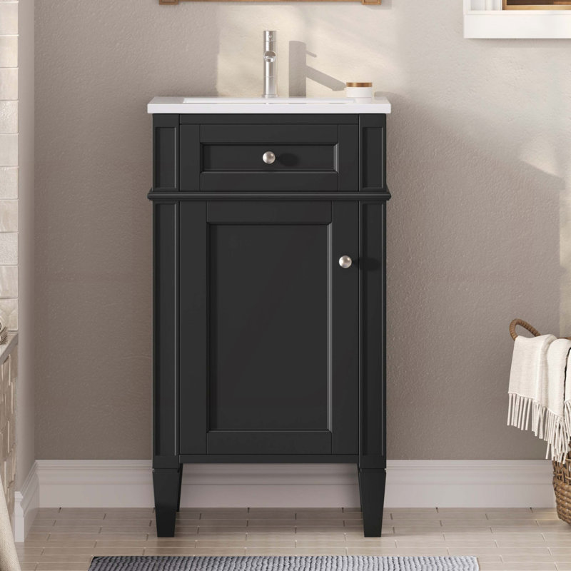 Meuble-lavabo de salle de bain avec lavabo en céramique, ensemble de meuble-lavabo simple autoportant avec porte à fermeture douce, tablette réglable, style français avec pieds pleins, noir, 18 po