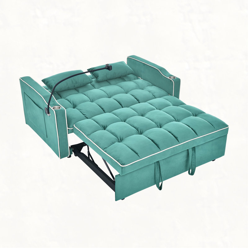 55.51 inch versatile foldable sofa bed in 3 lengths, modern sofa sofa sofa velvet pull-out bed, adjustable back and with USB port and ashtray and swivel phone stand
