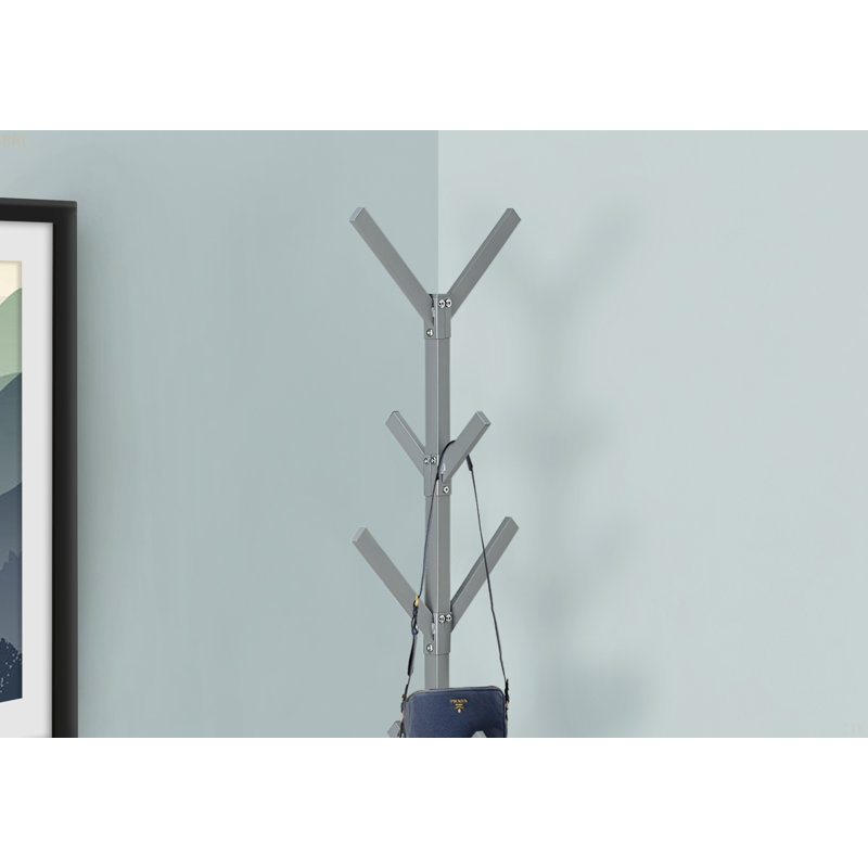 Coat Rack, Hall Tree, Free Standing, 8 Hooks, Silver