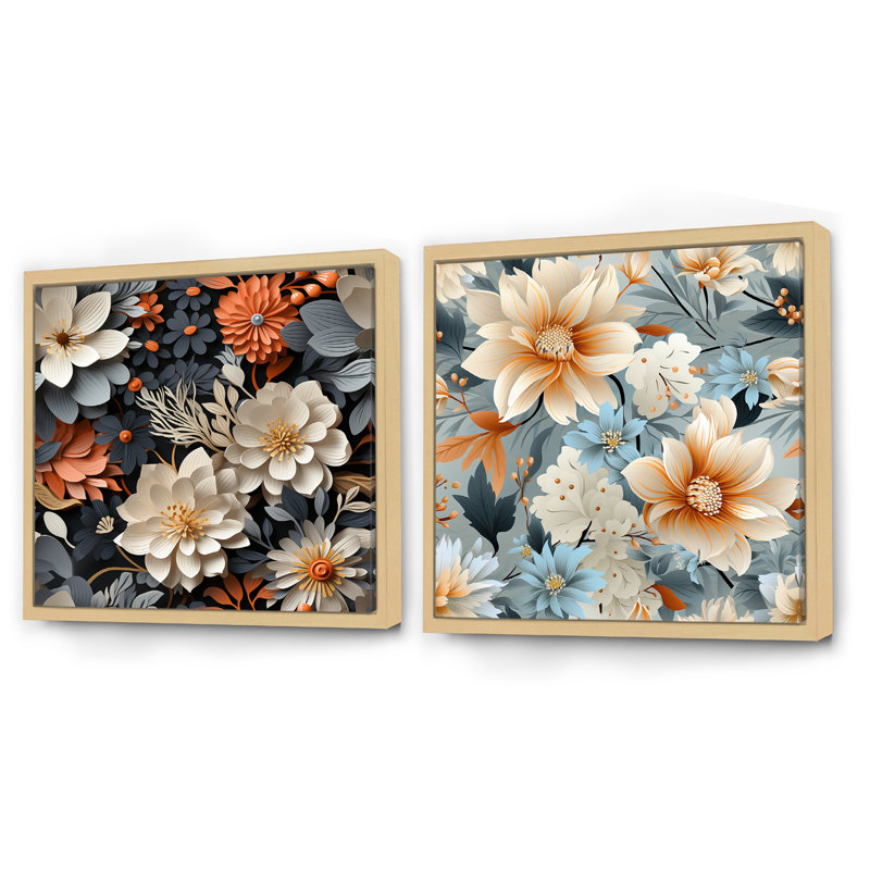 Regiène - Ensemble de 2 collages carrés floraux, Cadre flottant brun, H 36 po x l 73 po