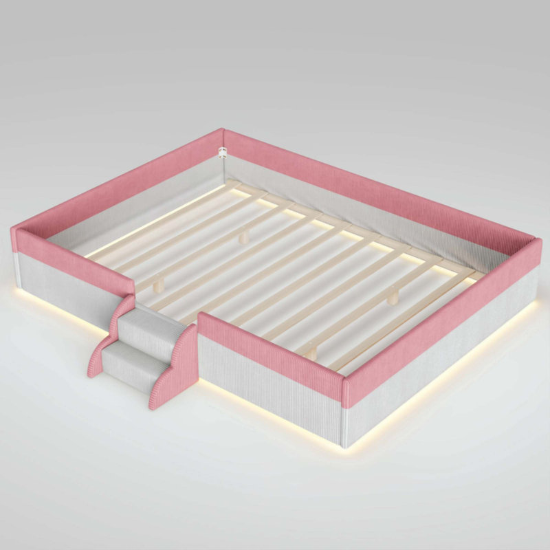 Lit rembourré avec clôture, 2 marches et lumières DEL intelligentes, Grand lit, Rose et blanc