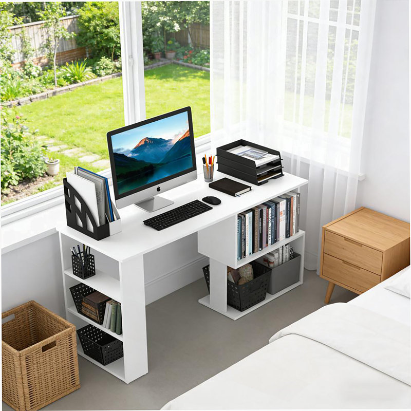 Poste d'écriture, bureau d'ordinateur en coin en L, bureau à domicile rotatif à 360 °, Blanc