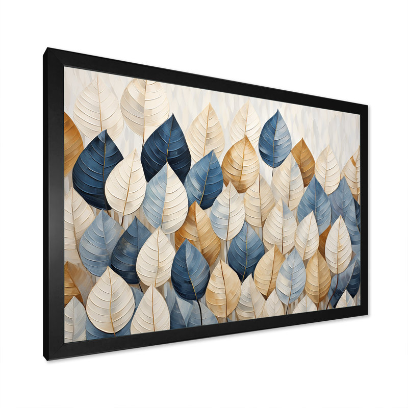 «Beige and Blue Minimalisme Leaves Collage I», art mural pour salon, H 12 po x l 20 po x P 1 po, Cadre simple noir