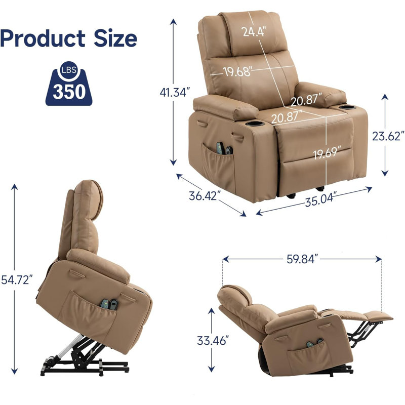 Power Lift Recliner Chair For Elderly With Massage & Heat, 160° Adjustable Pu Leather Electric Recliner With Remote,  For Living Room, Bedroom