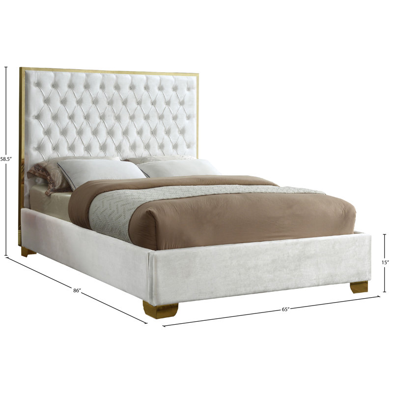 Lit plateforme tapissier capitonné Spadaro, Grand, Velours blanc, Or
