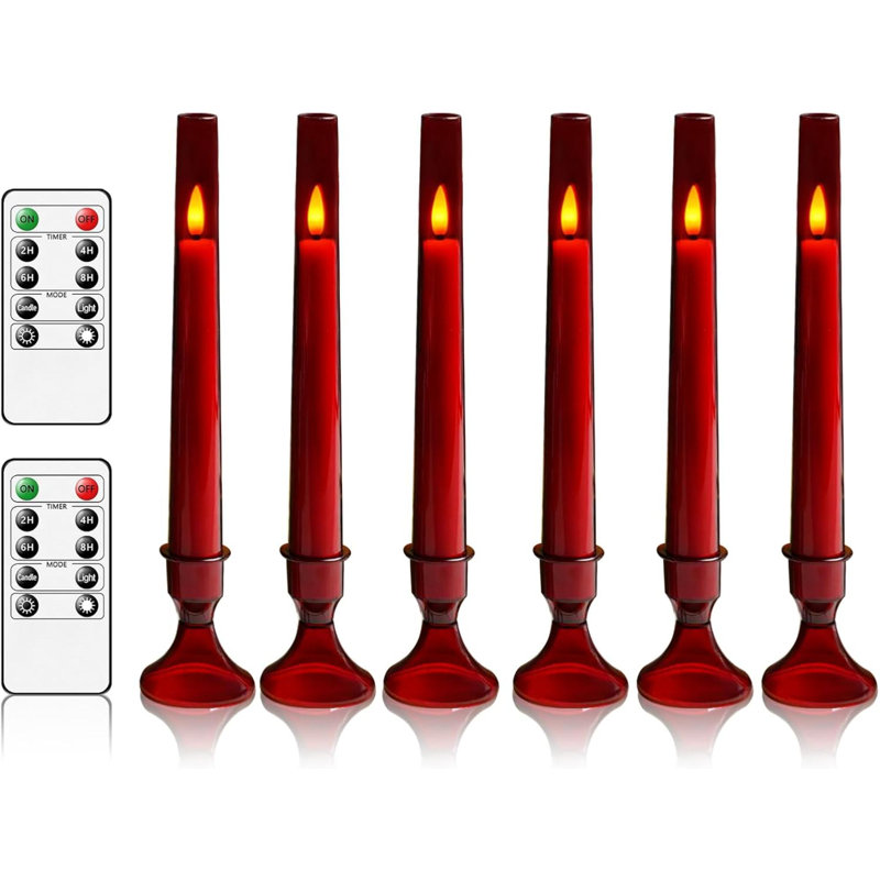 Flameless Taper Candles With Remote,6 PC Acrylic Battery Operated Candles With Candlesticks,Flickering Led Window Candles For Home Table And Wedding Decor(Red)