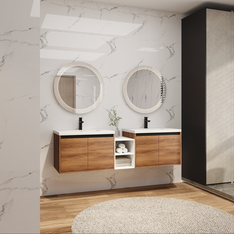Meuble-lavabo mural avec lavabo en résine, une tablette et quatre portes à fermeture en douceur, 72"