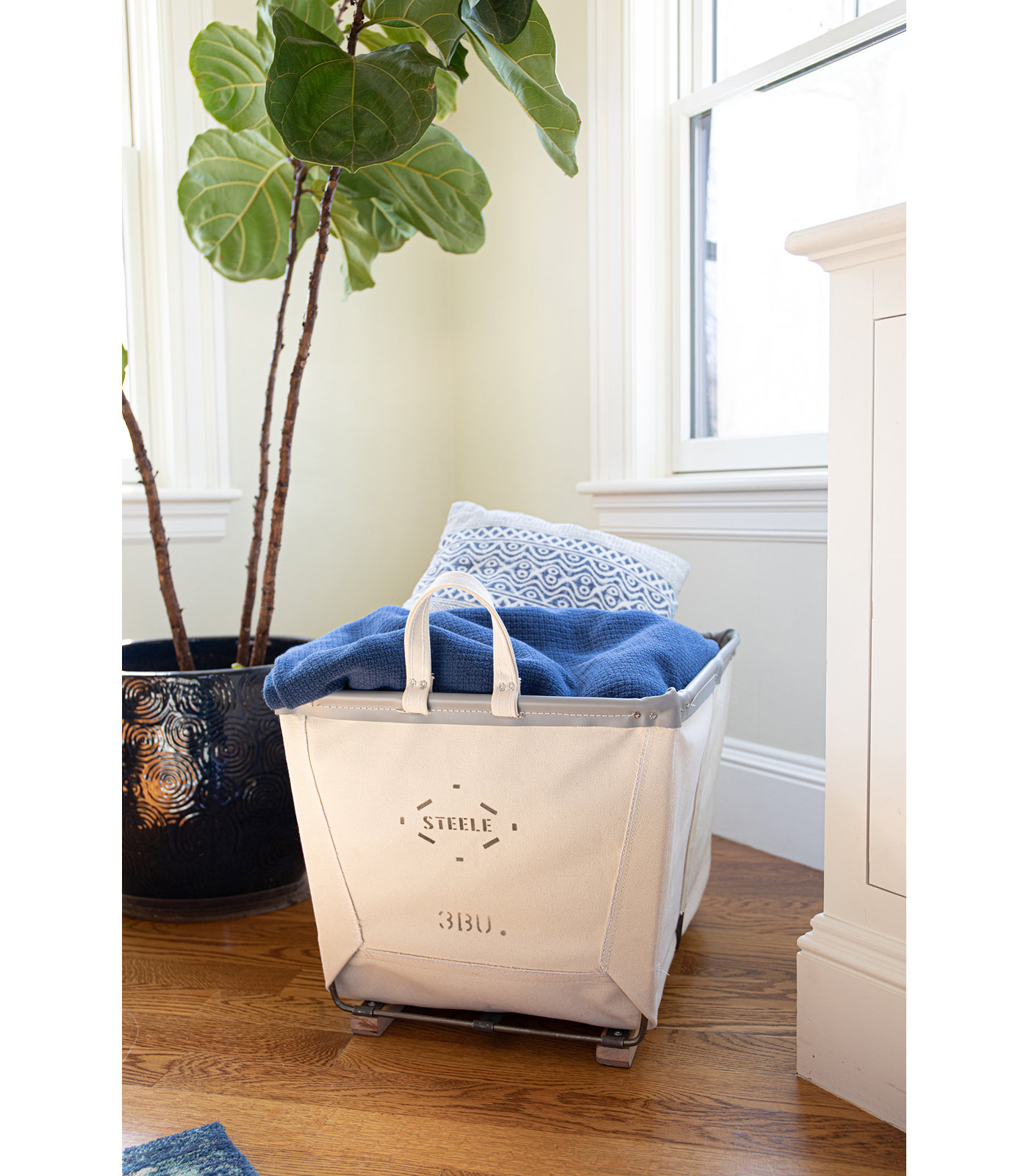 Canvas Small Carry Basket - 3 Bu, Grey Vinyl, Wood Runners