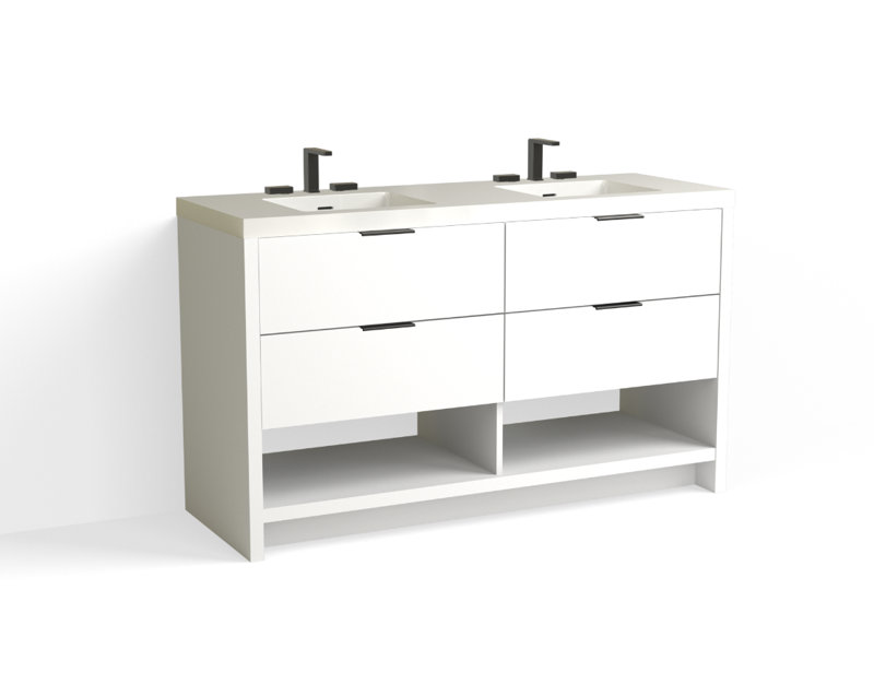 Vue 60" W Freestanding Double Bathroom Vanity, Glossy White/8" Widespread, Matte Black, White Nanomatte