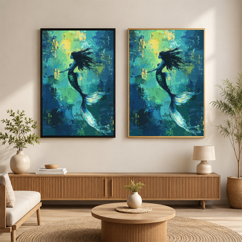 Art mural abstrait sur toile flottant avec sirène, prêt à accrocher, 12 po x 18 po, Beige