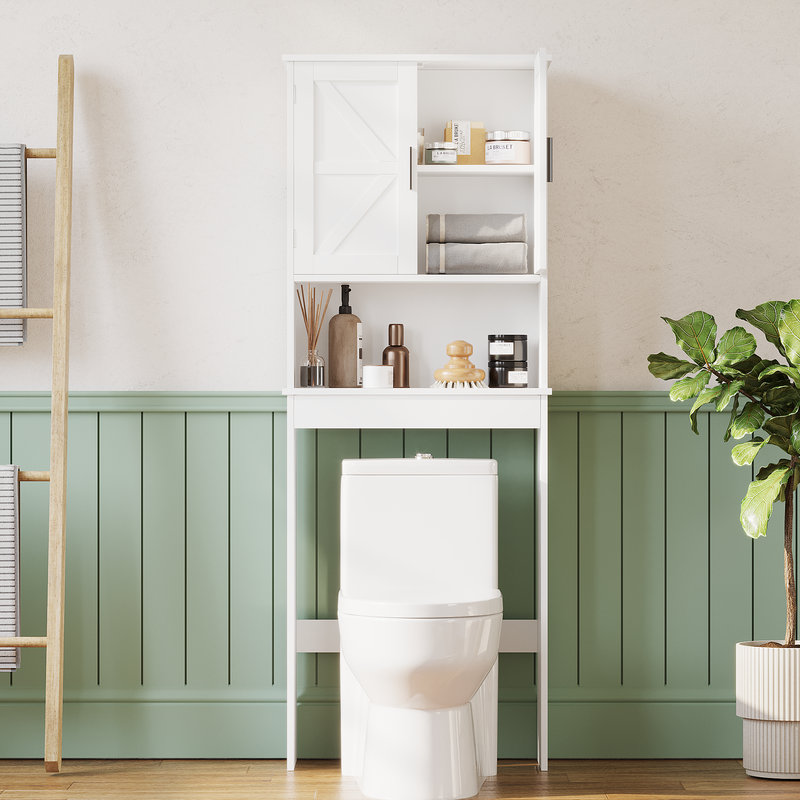 White Over-Toilet Storage Cabinet with Adjustable Shelf, Freestanding Bathroom Space Saver with Double Doors & Open Shelf Organizer