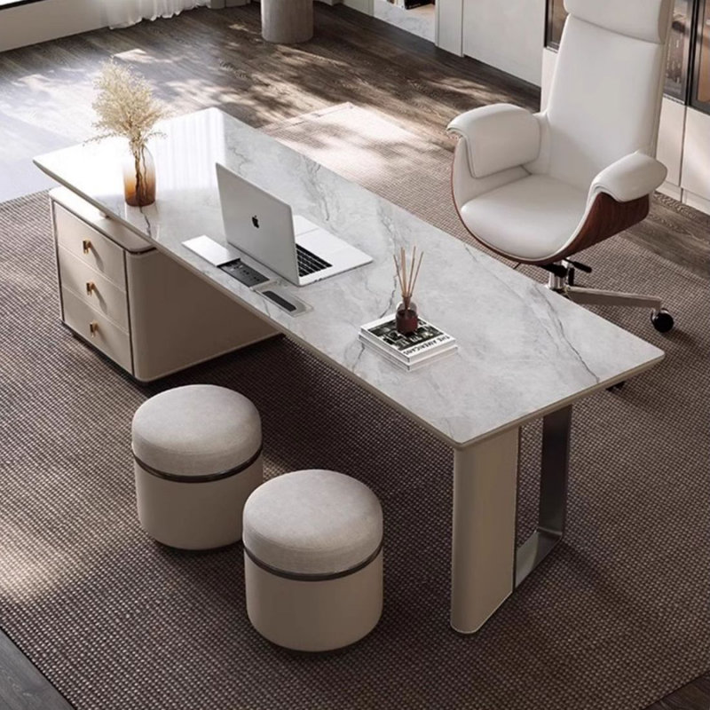 Bureau double caisson en pierre frittée avec tiroirs, H 29,53 po x l 55,12 po x P 27,56 po