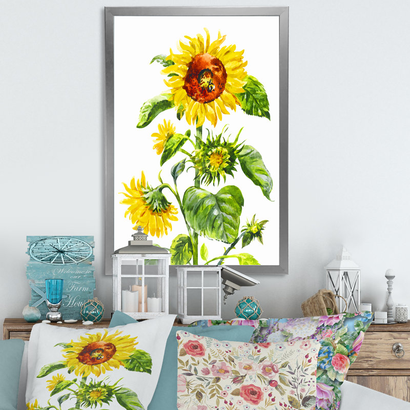 «Vintage Blossoming Sunflower», peinture sur toile, H 36 po x l 24 po x P 1 po, Cadre photo argenté