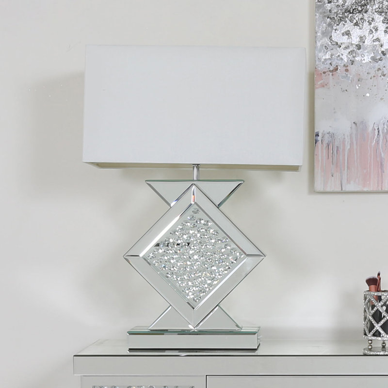 Esme Luxury Table Lamps, 68.5cm Bedside Buffet Lamp with Mirrored Base and Faux Silk Shade, Silver, White