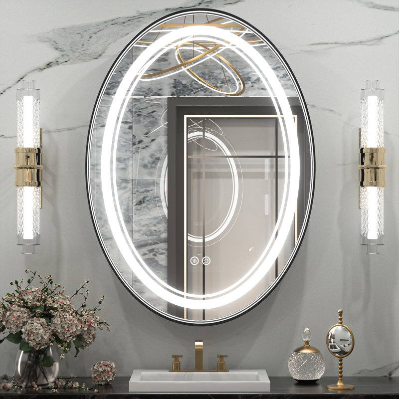 Vinia Oval LED Lighted Bathroom Vanity Mirror Dimmable and Anti-Fog Wall Mirror, 30" x 22", Black