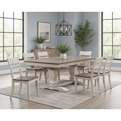  Conesha 7 -Piece Extendable Rectangle Double Pedestal Solid Wood Dining Set in White and Grey With 18" Takeout Leaf 