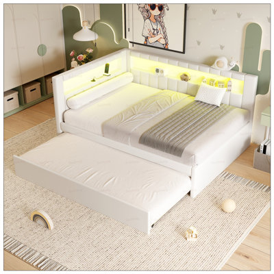 Versatile Platform Bed with LED Lighting, USB Ports, and Twin Size Trundle for Enhanced Comfort and Space Efficiency