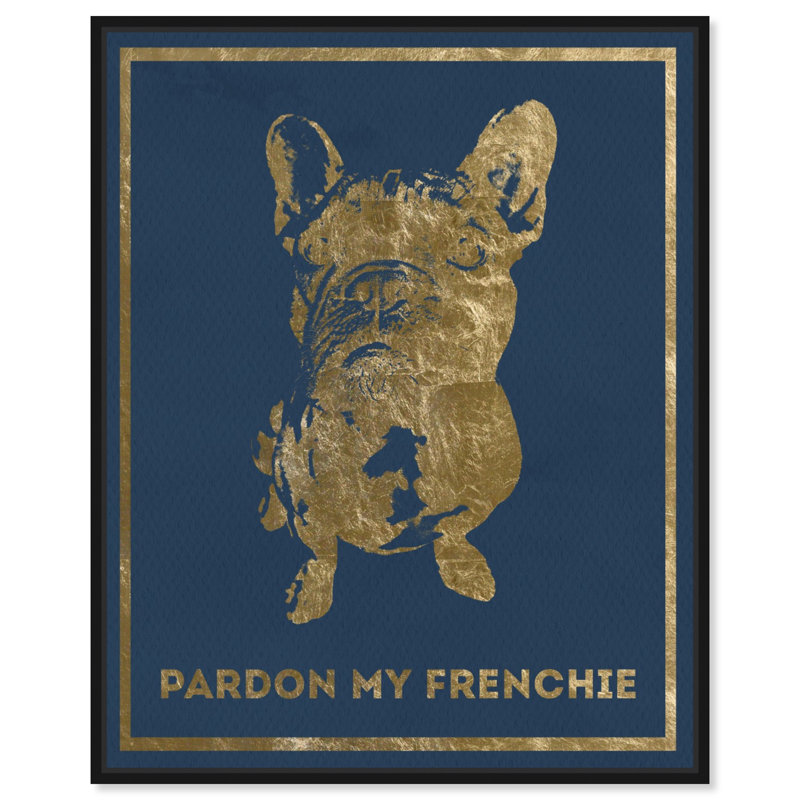 Pardon My Frenchie, élégant bouledogue français moderne, or - peinture, H 37 po x l 31 po, Cadre flottant noir