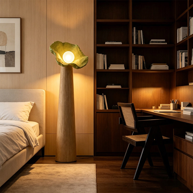 Blanc + vert + verre Burlywood + résine + lampes sur pied de forme libre en bois massif
