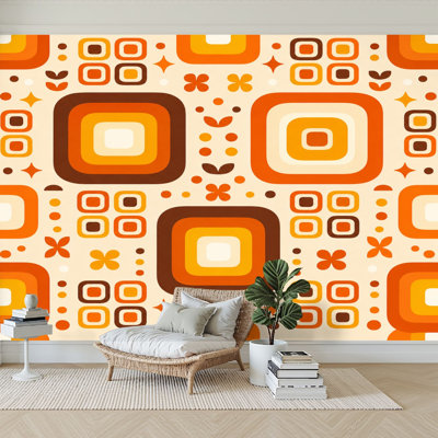 Papier peint adhésif rétro-adhésif de forme géométrique carrée à motif géométrique carré brun orange rétro pour salle de séjour H 100 po x l 144 po