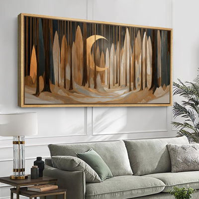 Art déco, croissant de lune doré, forêt, très grand, reproduction d'art sur toile encadrée