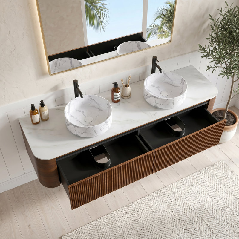 Meuble-lavabo flottant mural 72 po moderne en noyer avec lavabo en céramique, armoire avec porte-serviettes (sans drain et robinet, pré-assemblé)