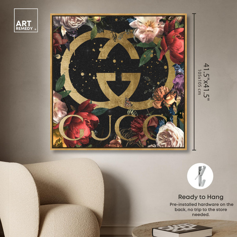 Glam, art noir sur toile noir, Cadre doré, H 41 po x l 41 po