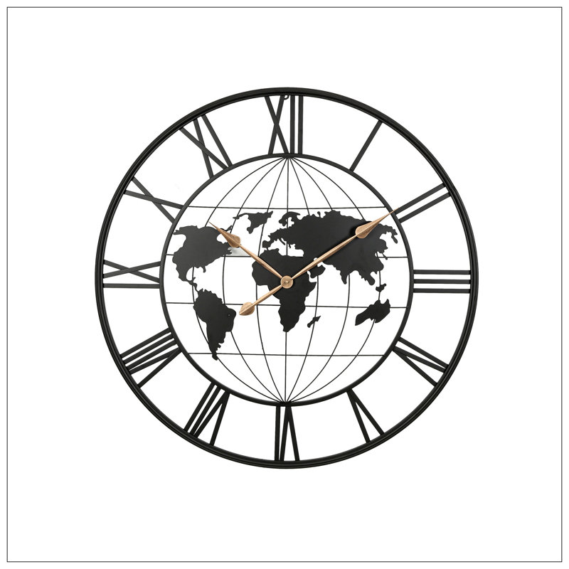 Large Metal Wall Clock, Modern Silent World Map Wall Clock With Pointers, Decorative For Living Room, Entryway, Dinning Room, Bedroom