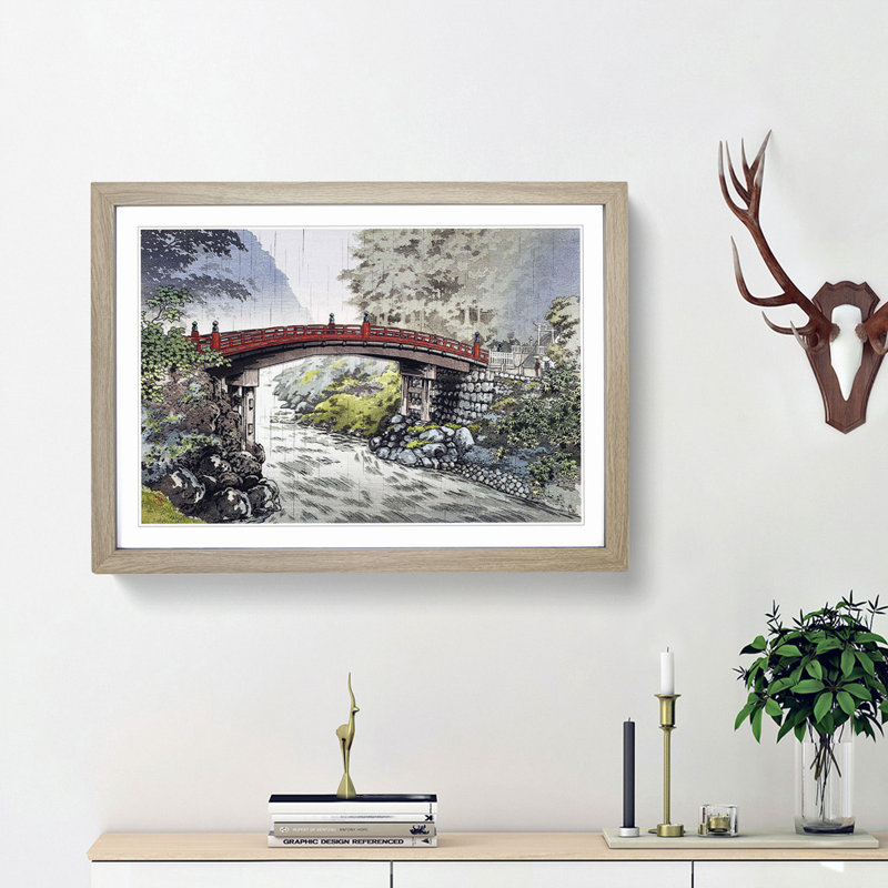 Sacred Bridge in Nikko by Tsuchiya Koitsu - Picture Frame Painting Print, Oak Framed, 48cm H x 65cm W x 2cm D