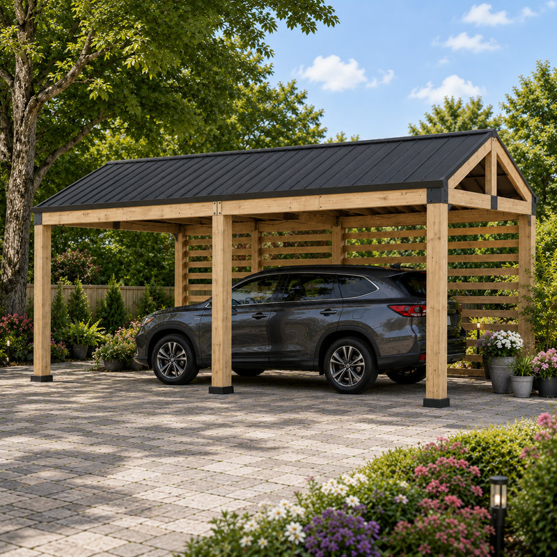 Abri de voiture Sunjoy de 6,7 m x 3,4 m (extra haut) en cèdre FCS, avec mur d'intimité et gouttière, toit en acier galvanisé résistant aux intempéries avec revêtement en poudre, pavillon de jardin ombragé