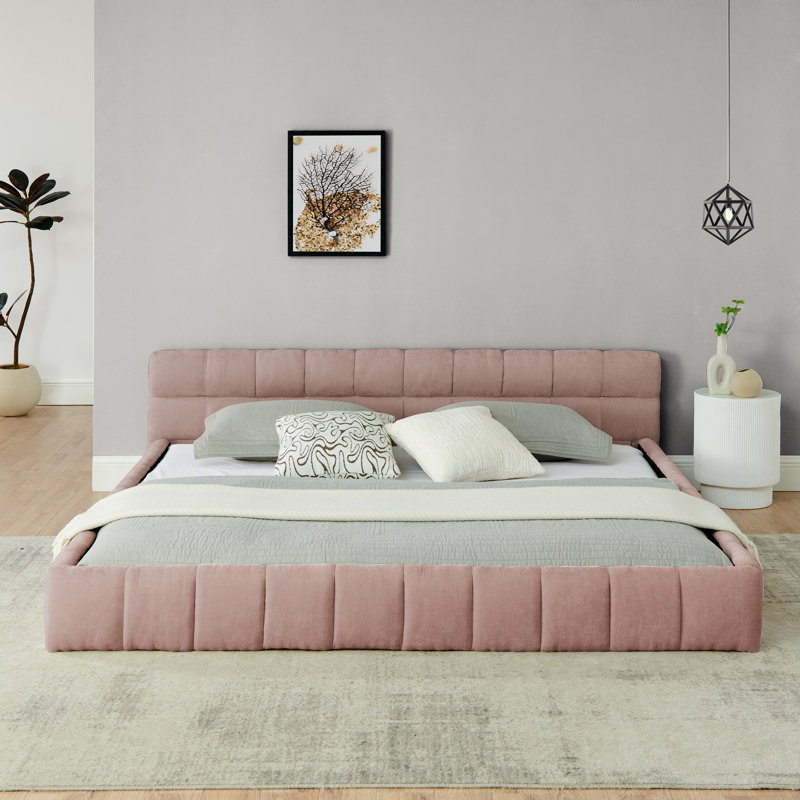 King Size  Upholstered Bed Frame With Thick Fabric, Chenille Fabric Grounded Queen Size Platform Bed With Headboard And Solid Frame. No Box Spring Needed-Pink
