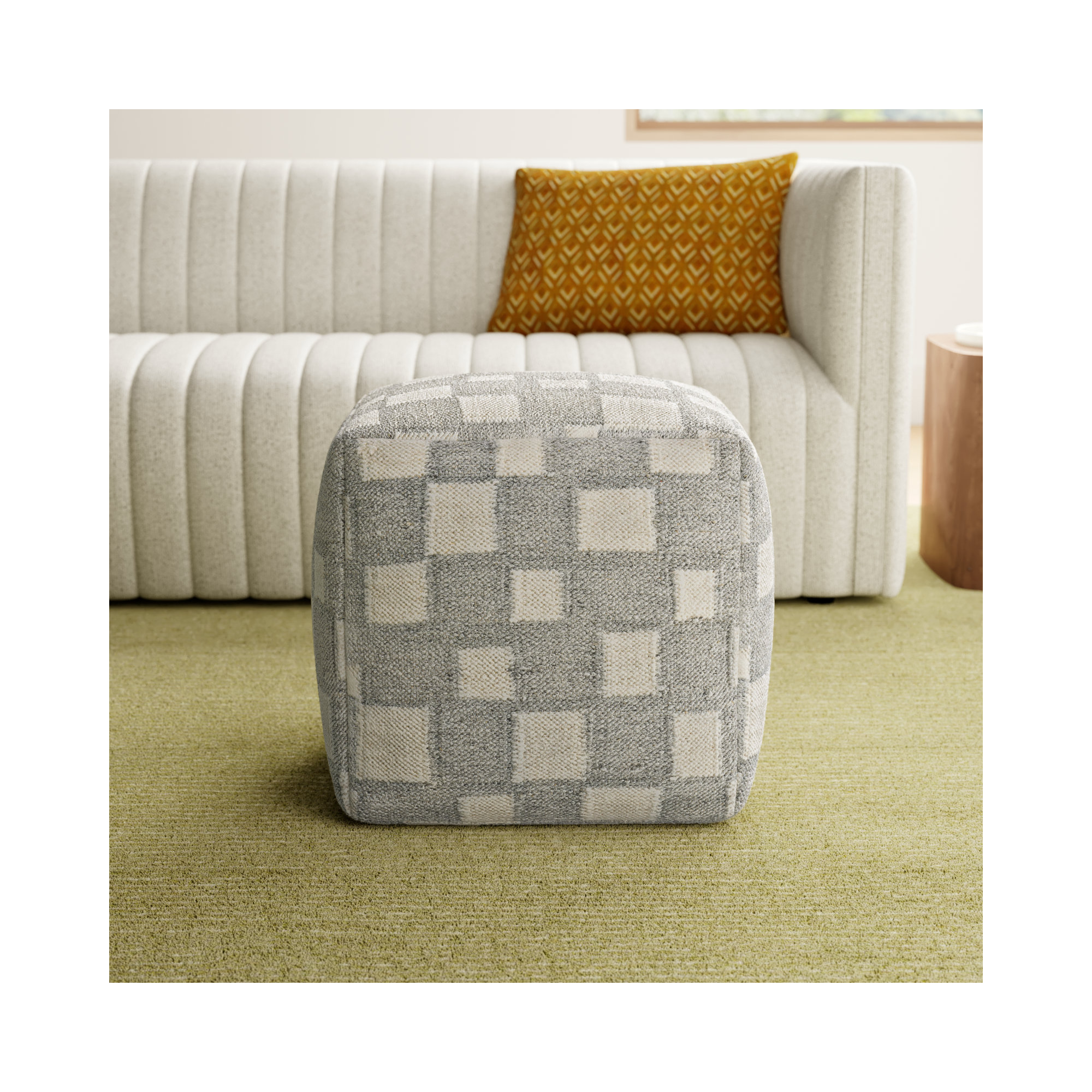 Gwennie Upholstered Pouf, Gray/White Wool/Cotton Blend