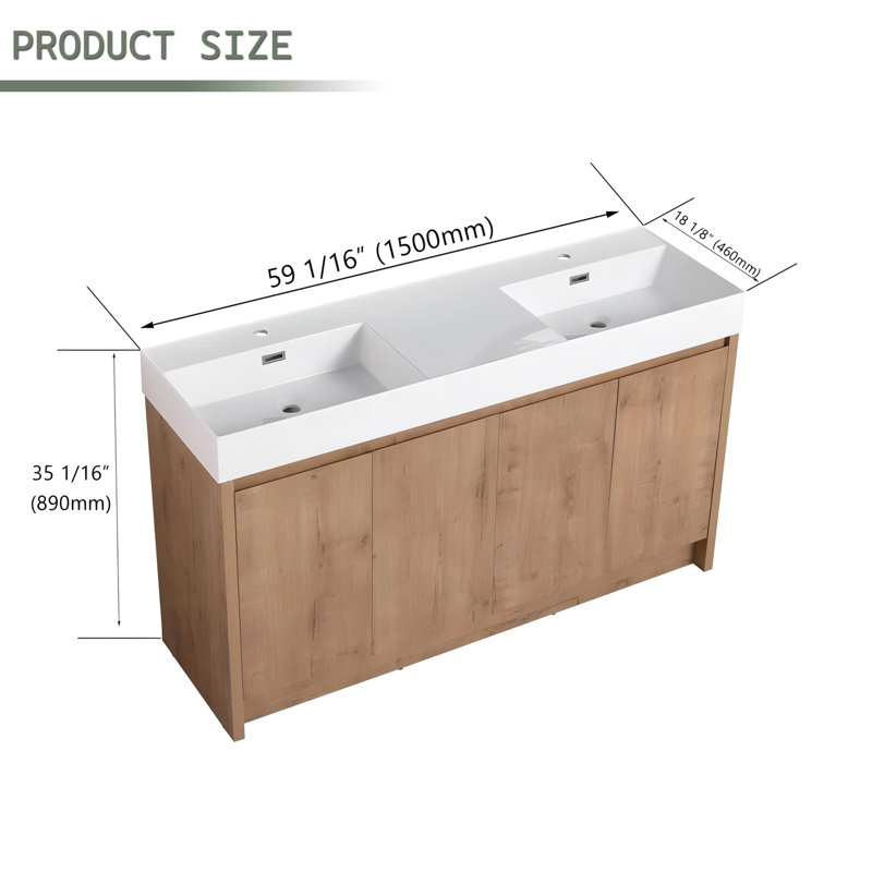 Meuble-lavabo double 60 po avec plateau en résine, armoire de salle de bain autoportante avec 4 portes à fermeture douce 60 po