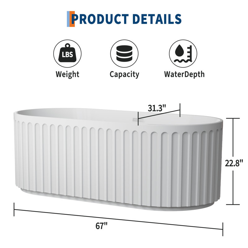 Baignoire de trempage autoportante - Baignoire élégante en acrylique tout blanc de 67 po avec bonde chromée pour la détente au spa