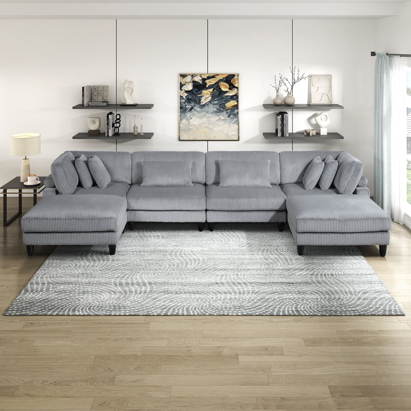 Loowit 120"W Modern 6-Piece Corduroy U-Shaped Modular Sectional with Dual Ottomans – Customizable Sofa with Reversible Cushions & Matching Pillows
