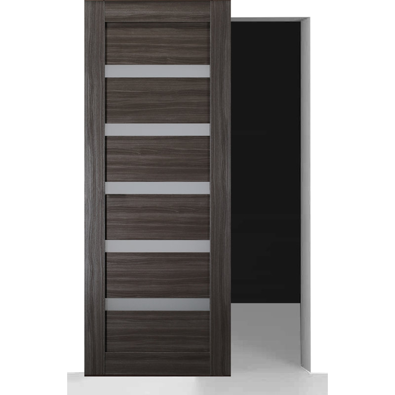 Leora Gray Oak and Frosted Glass Sliding Barn Door Kit