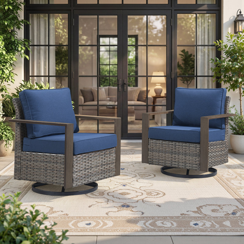 Ensemble de 2 chaises d'extérieur pivotantes avec coussins, Gris, Bleu