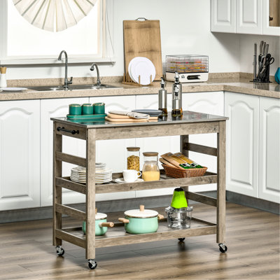 Chariot de cuisine à roulettes, plateau en acier inoxydable, gris - 2 tablettes de rangement, étagère centrale ajourée, 4 compartiments pour un accès facile. Chariot avec surface, étagères et rangements intégrés.