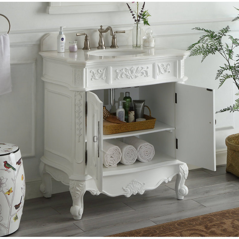 Aticus 34'' Single Bathroom Vanity with Marble Top, Antique White