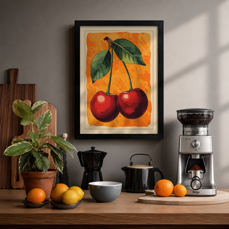 Cherries And Leaves Botanical - Print, A2 - 59.4 x 42.0 cm, Black