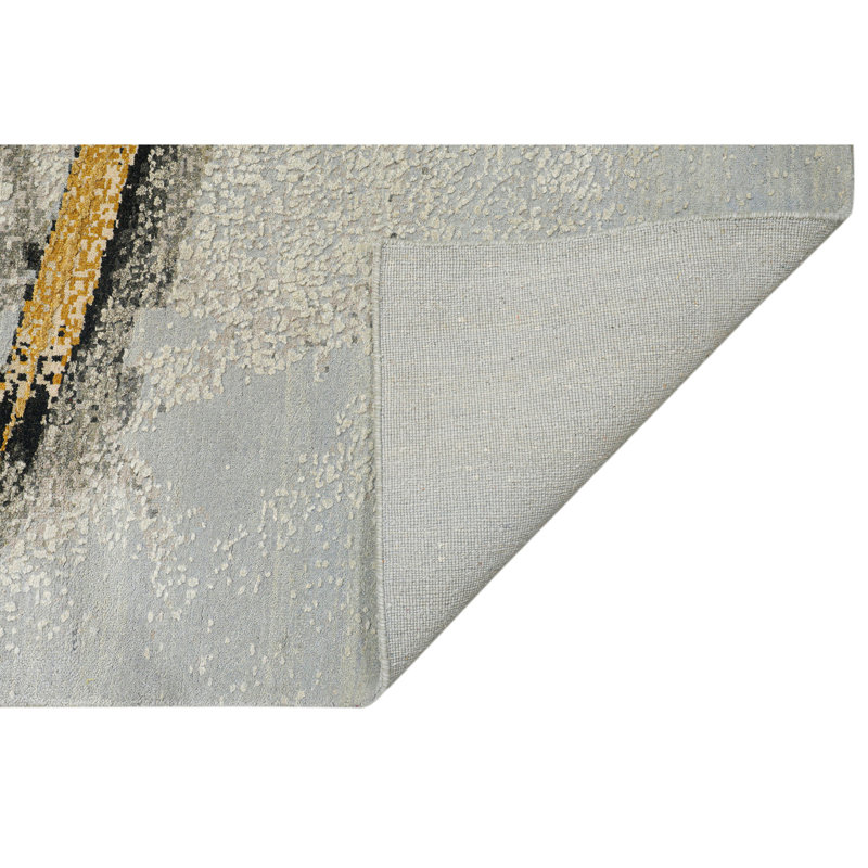 Hand Knotted Abstract Area Rug in Silver/Gray/Yellow, Rectangle 8' x 10'