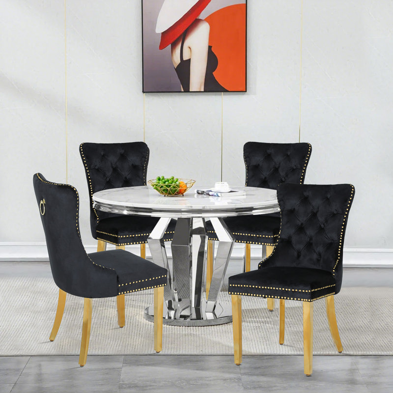 Upholstered Dining Chairs.Tufted Back Design With Stainless Steel Leg, 4, Gold, Black