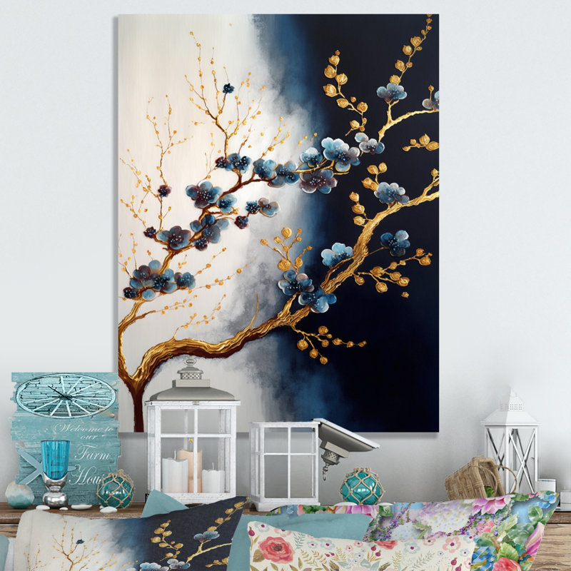 Watauga Blue Cherry Blossom Branch VI Metal Wall art, 20" H x 12" W x 1" D