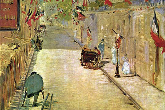 « rue mosnier avec drapeaux » par bain eduard manet, reproduction d’art, H 44 po x l 66 po x P 1,5 po